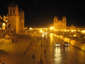 Plaza de Armas at night in Cusco.